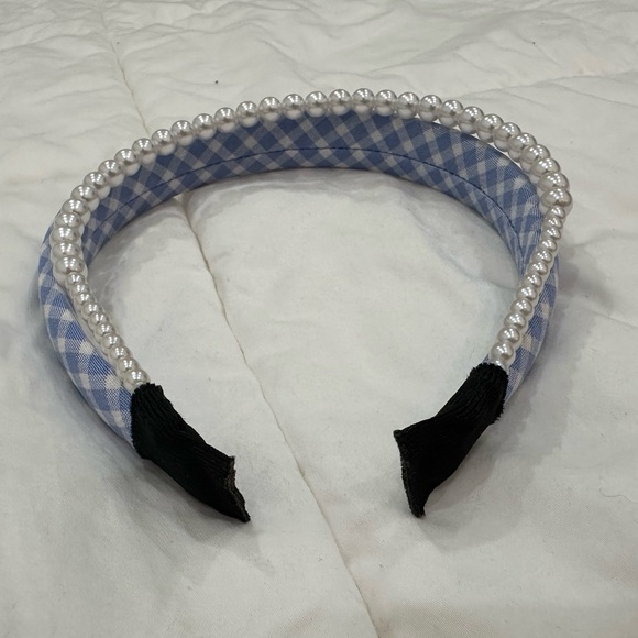 Brand new! JessaKae headband, double w/blue and white checkered print and pearls - Picture 3 of 3